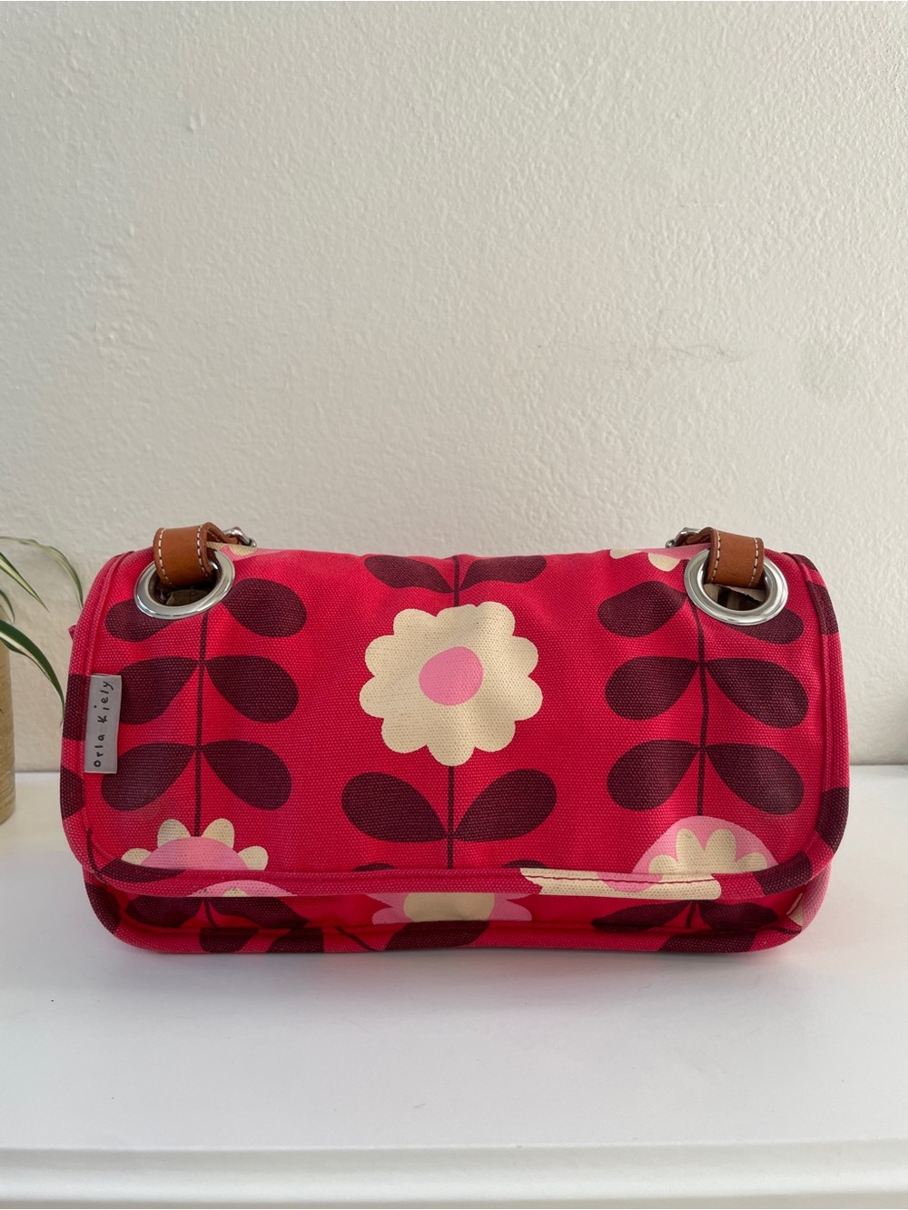 Orla Kiely Pink Floral Shoulder Bag with Cream & Dark Berry Details